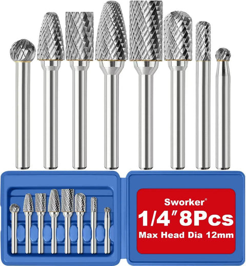 Eight Pack Tungsten Carbide Burr Set With Quarter Inch Shank In Blue Flat Box for Die Grinder And Rotary Tools Includes 6mm 10mm And 12mm Heads For Metal Wood Stone Steel Grinding Deburring Porting And Carving And Double Cut Finish.