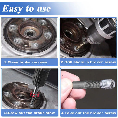 Step-by-step use of 10 Piece Broken Screw Extractor Set For Stripped Screws And Busted Bolts Drill Bit Kit With Quarter Inch Hex Shank