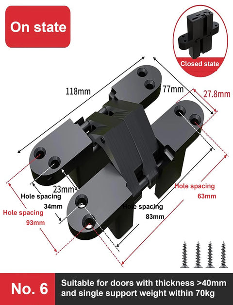Two Pack Hidden Door Hinges Invisible Concealed Cabinet Hinges 180 Degree Cross Hinges For Kitchen Cabinet Doors Zinc Alloy Durable Bearing Link Smooth Quiet Opening Hardware displaying dimensions and suitable door thickness