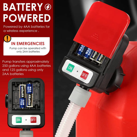 Electric Fuel Transfer Pump With Auto Stop Sensor and battery compartment showing 4 AA batteries
