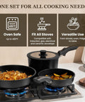 Nonstick Pots And Pans Set For RV Living 20 Pack Stackable Cookware With Detachable Handles in use on gas stove, oven-safe indication.