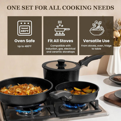 Nonstick Pots And Pans Set For RV Living 20 Pack Stackable Cookware With Detachable Handles in use on gas stove, oven-safe indication.