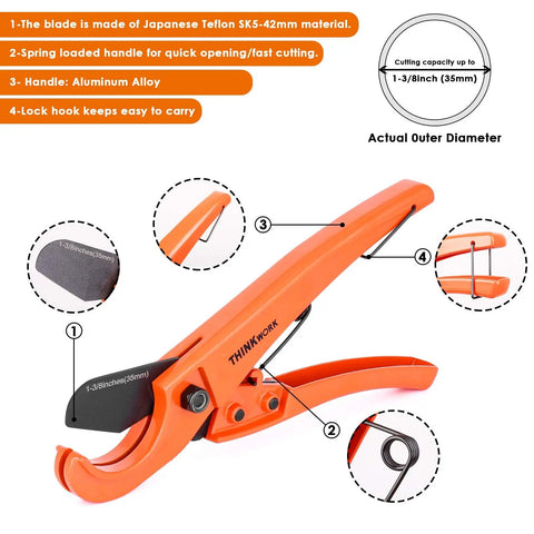 One Hand Ratchet Pipe Cutter Set 1 5 8 in OD and PEX Straight Cutters 1 3 8 in OD 2 Pack Fast Pipe Cutting Tools, cutter details.