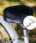 Beefed Up Aluminum Bike Seat Post Quick Release Pin M6x65mm Seat Clamp Bolt, silver finish, on bike seat, close-up