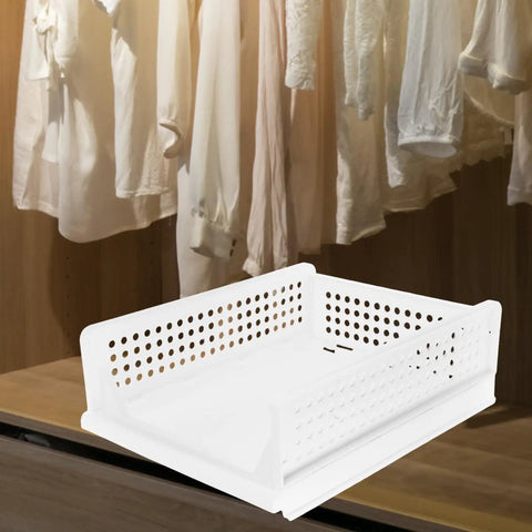 Straight Up Sleek White Plastic Foldable Storage Basket Pull Out Wardrobe Drawer Organizer For Clothes Books Makeup Nifty Space Saver Bin That Kicks Clutter To The Curb Fast on a wooden shelf near hanging shirts.