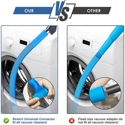 Comparison between All In One Dryer Vent Cleaner Kit With Vacuum Hose and a fixed adapter highlighting universal fit.