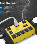 Heavy Duty Metal Power Strip With USB Ports 8 Outlets 2700 Joules Surge Protector Pro Grade Industrial 15 Amp 6 Foot Yellow