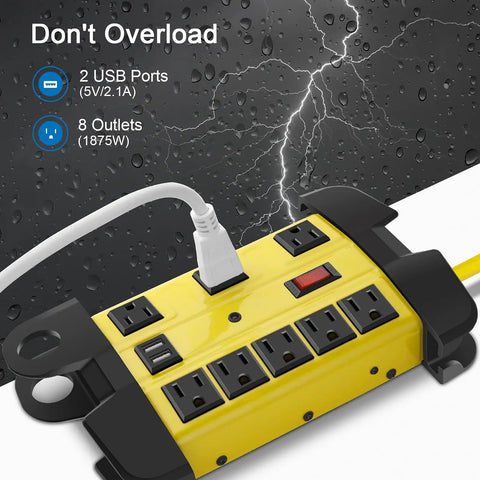 Heavy Duty Metal Power Strip With USB Ports 8 Outlets 2700 Joules Surge Protector Pro Grade Industrial 15 Amp 6 Foot Yellow