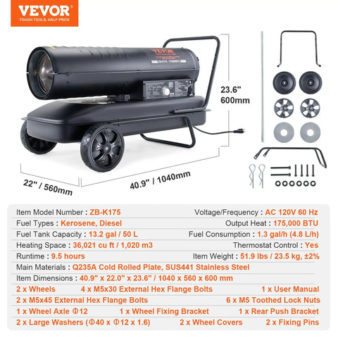 Kerosene Forced Air Heater 175000 BTU Portable Space Heater with Thermostat, 13.2 Gallon Tank, shown with specifications.