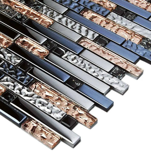 Interlocking Metallic Glass Tile Mosaic In Rose Gold Silver And Ink Blue For Kitchen Backsplash Bathroom Walls Fireplace Surrounds And Accent Decor 12x12 Inch Mesh Backed Sheets For Easy Install 6 Sq Ft Coverage Sleek Dope Modern Look, showcasing reflective textures in rose gold, silver, ink blue. Close-up view of tile pattern.