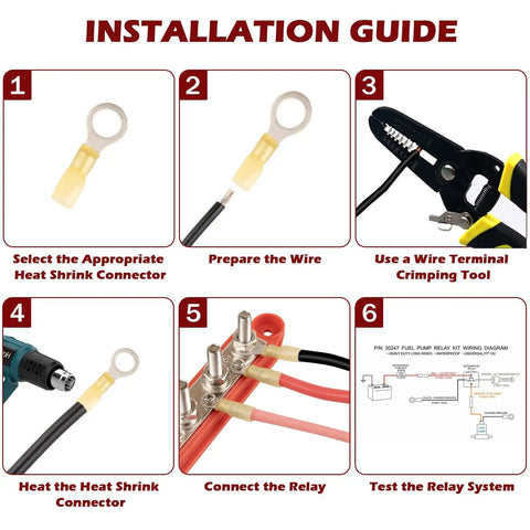 Installation steps for 40 Amp Waterproof Electric Fuel Pump Relay Kit For 12V Cars And Trucks with tools and wiring components.