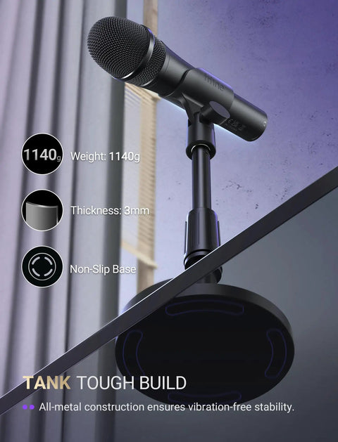 Dual USB And XLR Dynamic Desk Mic For Podcasts With Mute Button And Adjustable Stand Windscreen, showing tank tough build and stability.