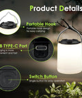 Product details of Powerful 1000LM LED Camping Lantern With Rechargeable Battery featuring hook, USB-C port, and switch button
