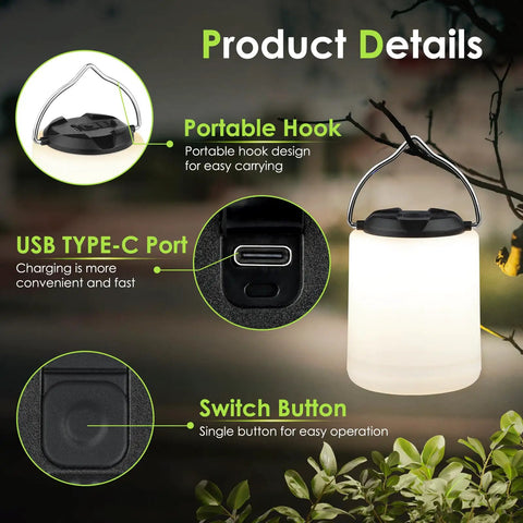 Product details of Powerful 1000LM LED Camping Lantern With Rechargeable Battery featuring hook, USB-C port, and switch button