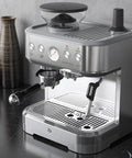 3-In-1 Espresso Machine With Built-In Grinder And Automatic Milk Frother, 20 Bar Pressure on a black countertop.