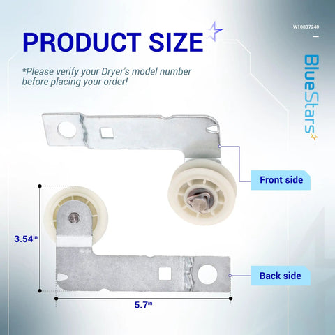 Beefy Dryer Idler Pulley With Bracket W10837240 For Whirlpool And Kenmore Dryers front and back view with dimensions.