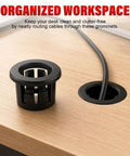 60 Pack Three Quarters Inch Round Cable Grommets Snap In Bushing Black High Temp PA66 Nylon Wear Resistant Protective Grommet Set With Inner Diameter 0.57 Inch And Mounting Diameter 0.74 Inch in desk cable routing