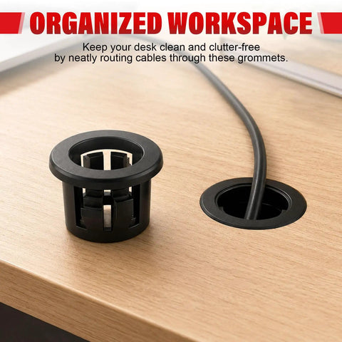 60 Pack Three Quarters Inch Round Cable Grommets Snap In Bushing Black High Temp PA66 Nylon Wear Resistant Protective Grommet Set With Inner Diameter 0.57 Inch And Mounting Diameter 0.74 Inch in desk cable routing