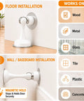 Floor and wall installation options for White Magnetic Door Stopper No Drill Wall Or Floor Mount With Slick 3D Adhesive Backing And Solid Steel Hardware For Slam Free Quiet Auto Closure Heavy Duty Home Fixes.