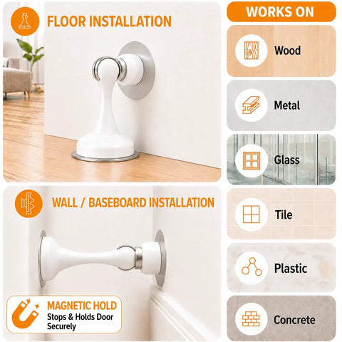 Floor and wall installation options for White Magnetic Door Stopper No Drill Wall Or Floor Mount With Slick 3D Adhesive Backing And Solid Steel Hardware For Slam Free Quiet Auto Closure Heavy Duty Home Fixes.