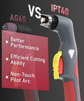 Close-up of IPT40 torch from 4 In 1 Plasma Cutter With 65 Amp Dual Voltage focusing on performance, cutting ability, and non-touch pilot arc.
