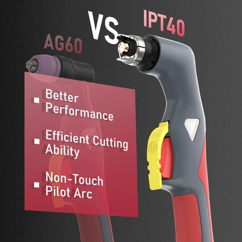 Close-up of IPT40 torch from 4 In 1 Plasma Cutter With 65 Amp Dual Voltage focusing on performance, cutting ability, and non-touch pilot arc.