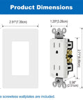 Product dimensions for the 15 Amp Decor Receptacle Outlet With Tamper Resistant Shutters, White Decorator Wall Outlet, Screwless Wall Plate Included, Easy Install, UL Listed, 10 Pack, Great For Home, Office Or Commercial Spaces.