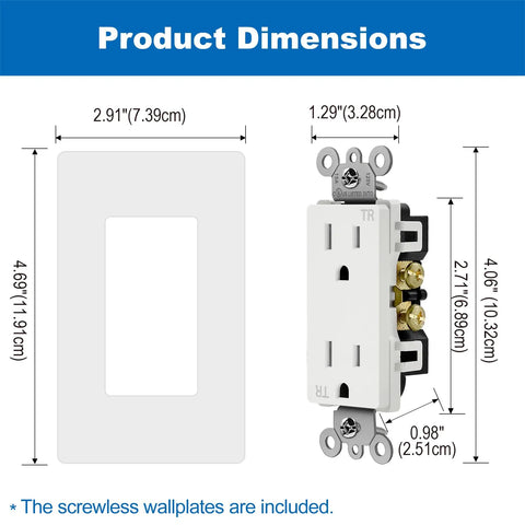 Product dimensions for the 15 Amp Decor Receptacle Outlet With Tamper Resistant Shutters, White Decorator Wall Outlet, Screwless Wall Plate Included, Easy Install, UL Listed, 10 Pack, Great For Home, Office Or Commercial Spaces.