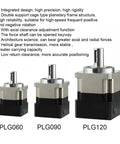 Three helical gear reducers for Nema 17 23 34 stepper and servo motors Plg140 42mm input shaft 30 to 1 ratio.