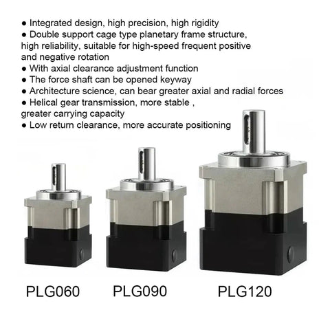 Three helical gear reducers for Nema 17 23 34 stepper and servo motors Plg140 42mm input shaft 30 to 1 ratio.