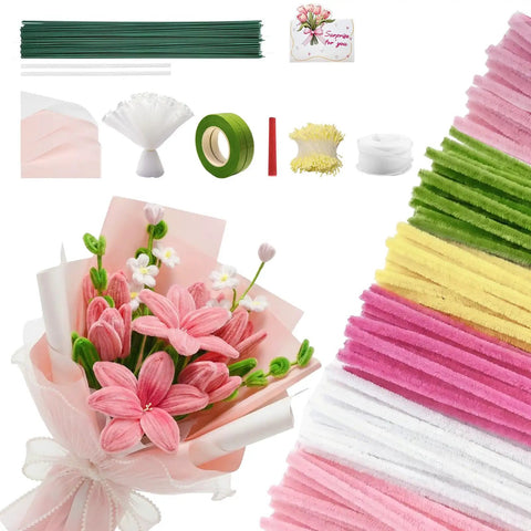 All-Inclusive 600 Piece Pipe Cleaners Craft Kit With 6 Color Chenille Stems, floral wires, tape, stamens, ribbon for DIY flowers