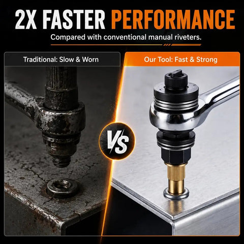 Rivet Nut Tool Kit For M3 Through M8 In Carbon Steel, Manual Rivnut Set For Automotive Repairs, Metalworking, And DIY Projects, Includes Commonly Used Sizes M3 M4 M5 M6 M8 For Fast And Durable Threaded Inserts. Manual rivnut tool on metal sheet