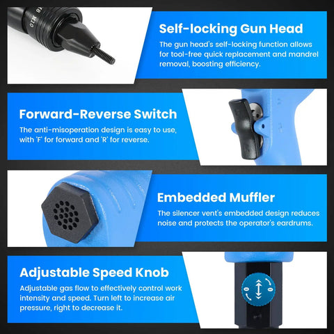 Pneumatic Rivet Nut Gun Kit With Eleven Mandrels One Quarter Inch Five Sixteenths Inch Three Eighths Inch featuring self-locking head