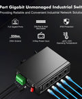 Industrial 5 Port Gigabit Ethernet Switch for DIN Rail and Wall Mount, 4 x 100/1000Mbps Ports Plus 1 Gigabit Uplink shown with cables
