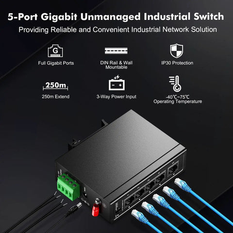 Industrial 5 Port Gigabit Ethernet Switch for DIN Rail and Wall Mount, 4 x 100/1000Mbps Ports Plus 1 Gigabit Uplink shown with cables