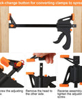 Dual Size Bar Clamps Set 4 Inch And 8 Inch Quick Grip Trigger Clamps conversion steps for spreader use with quick-change button.
