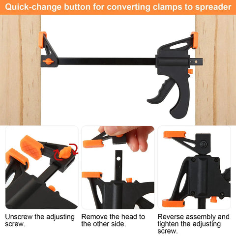 Dual Size Bar Clamps Set 4 Inch And 8 Inch Quick Grip Trigger Clamps conversion steps for spreader use with quick-change button.