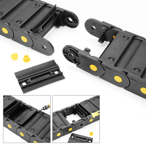 R55 25mm By 77mm Plastic Cable Drag Chain with Openable Cover showing detailed view of links and components for robotics and CNC use.