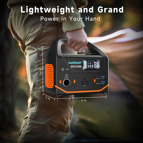 Person holding Portable Power Station 300W 266Wh Solar Generator with 7-output hub, dimensions shown in inches.