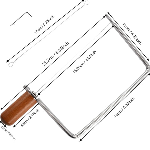 Top Shelf Cheese Slicer Kit With Kickass Stainless Steel Wires And Slick Wood Handles Plus Assembly Hex Key and Replacement Parts, showing dimensions and components.