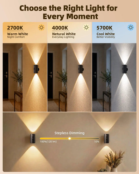 Sleek Wireless Motion Sensor Wall Light Rechargeable LED Sconce With Peels Off Paper Mount showing adjustable color temperatures and dimming feature.