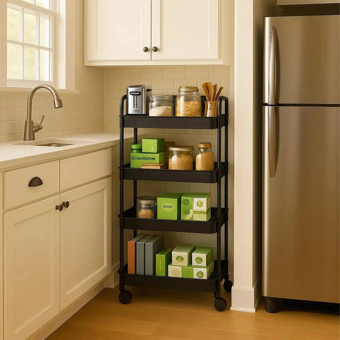4 Tier Slim Rolling Storage Cart For Tight Spaces - Mobile Bathroom Organizer And Toilet Paper Holder in kitchen, black.