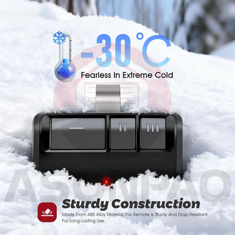 Universal Garage Door Opener Remote 2 Pack That Plays Nice With LiftMaster Chamberlain Sears Craftsman Genie Linear 893Max 893LM Learn Button Openers Since 1993 With Yellow Purple Red Orange Green Learn Buttons shown in snow with -30°C display.