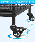 Close-up of All In One Garage Gear Organizer With Rolling Cart Ball Rack Hooks Bins And Wire Basket wheels and 360° rotation feature.