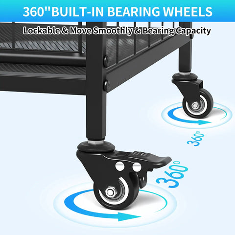 Close-up of All In One Garage Gear Organizer With Rolling Cart Ball Rack Hooks Bins And Wire Basket wheels and 360° rotation feature.