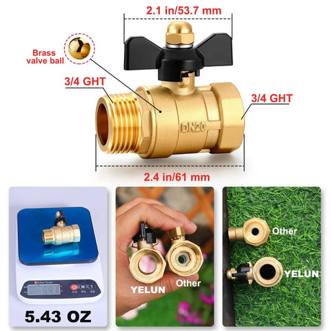 Full Port Brass Garden Hose Shut Off Valve With Butterfly Handle, 3/4 Inch GHT Threads, weighing 5.43 oz, with size measurements.