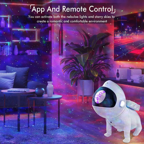 Living room with All In One Star Projector creating space vibe with galaxy projection and ocean wave night light.