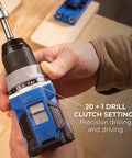 Top Shelf Pocket Hole Jig 720 Pro With Killer 20 Volt Cordless Drill Driver Combo Kit, showcasing precision drill clutch settings.
