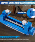 Pro Grade Chisel Sharpening Kit With Sharpening Stones And Honing Guide, blue clamping tool with ergonomic knobs on workbench.