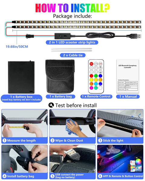 LED Light Strips For Scooters For Night Riding 5V High Bright 5050 LEDs App Controlled RGBIC Waterproof Two In One Electric Scooter Accessory For Enhanced Visibility And Safer Night Rides installation guide